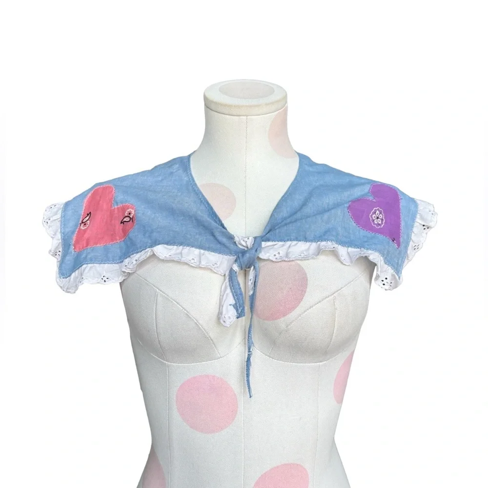 Vintage Handmade – Blue Denim Heart Tie-On Capelet Set – set of 2 - Picture 2 of 5